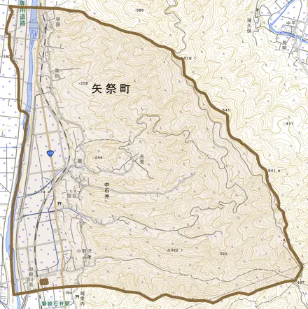 大字中石井とその周辺の地図。町の範囲を重ねている