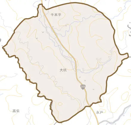 大字大垬とその周辺の地図。町の範囲を重ねている