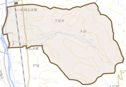 大字下石井とその周辺の地図。町の範囲を重ねている