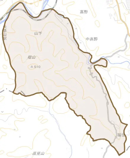 大字山下とその周辺の地図。町の範囲を重ねている
