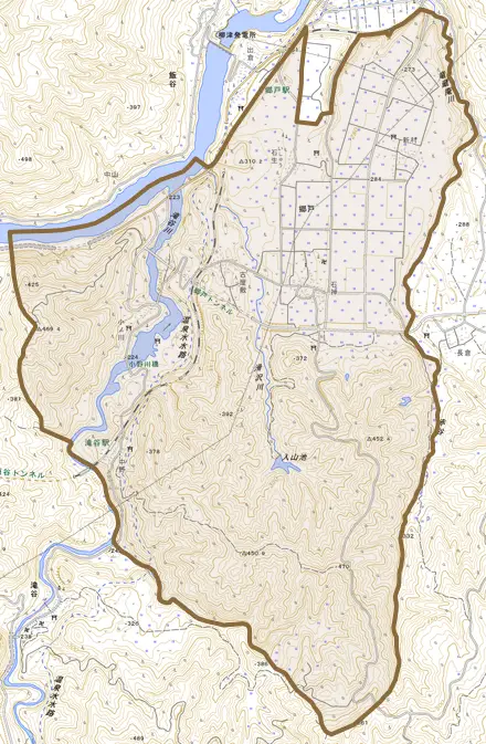 大字郷戸とその周辺の地図。町の範囲を重ねている