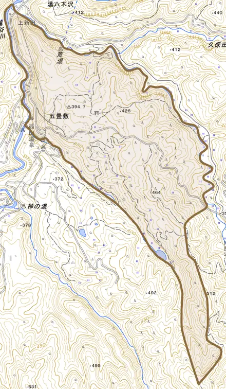 大字五畳敷とその周辺の地図。町の範囲を重ねている