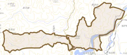 大字飯谷とその周辺の地図。町の範囲を重ねている