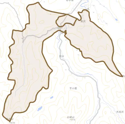 大字黒沢とその周辺の地図。町の範囲を重ねている