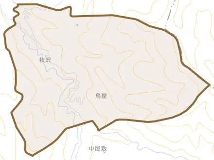 大字牧沢とその周辺の地図。町の範囲を重ねている