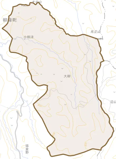 大字大柳とその周辺の地図。町の範囲を重ねている