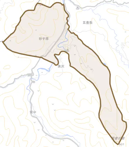 大字砂子原とその周辺の地図。町の範囲を重ねている