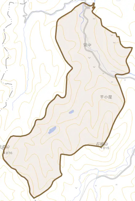 大字胄中とその周辺の地図。町の範囲を重ねている