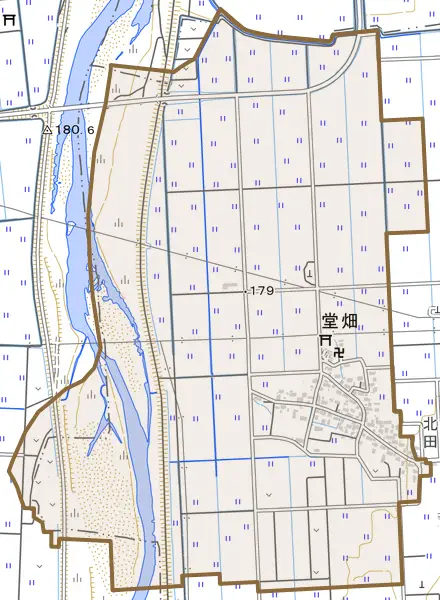 大字堂畑とその周辺の地図。町の範囲を重ねている
