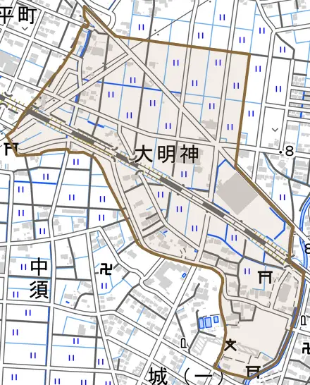 大明神とその周辺の地図。町の範囲を重ねている