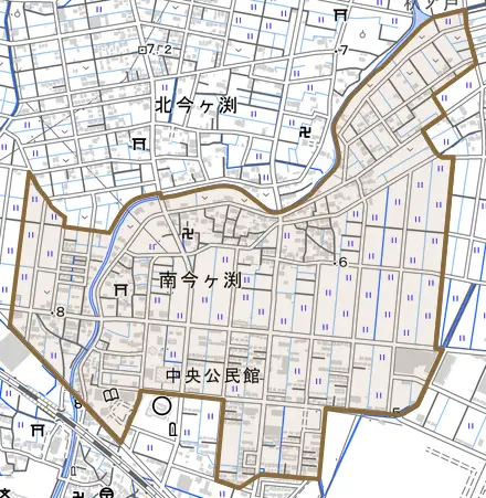 南今ヶ渕とその周辺の地図。町の範囲を重ねている