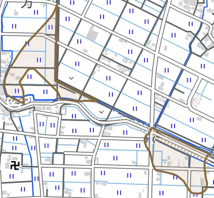 西結とその周辺の地図。町の範囲を重ねている