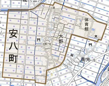 大野とその周辺の地図。町の範囲を重ねている