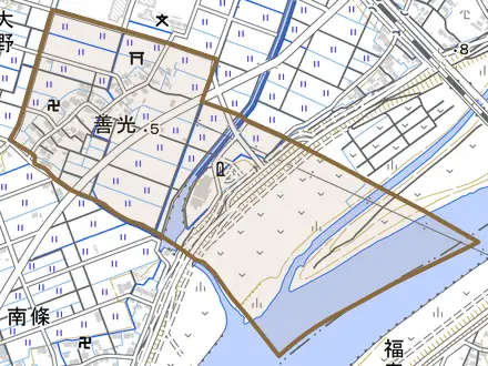 善光とその周辺の地図。町の範囲を重ねている