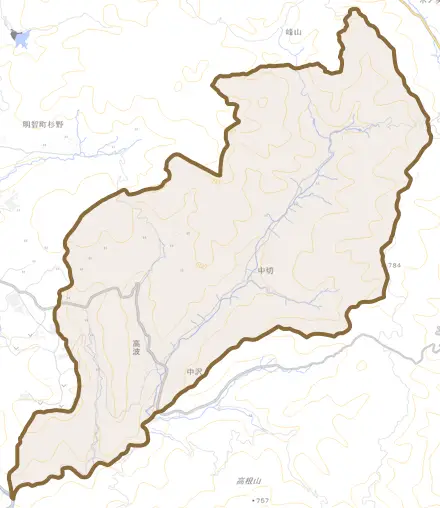 明智町東方とその周辺の地図。町の範囲を重ねている