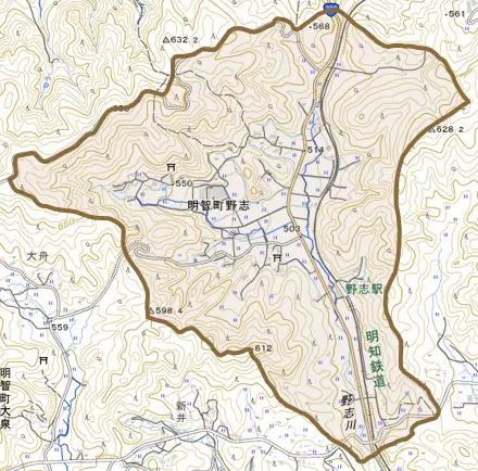 明智町野志とその周辺の地図。町の範囲を重ねている