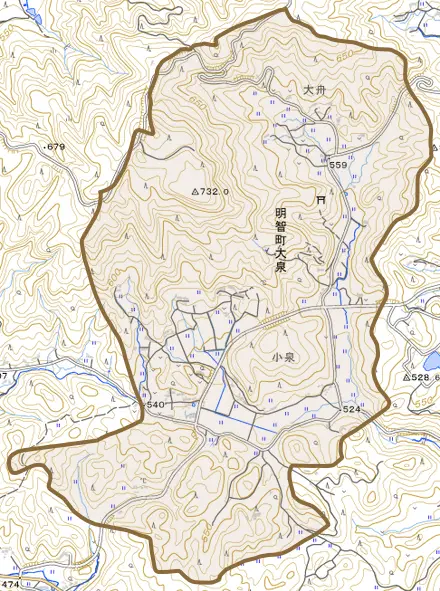 明智町大泉とその周辺の地図。町の範囲を重ねている