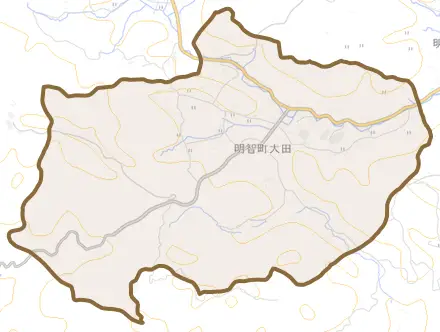 明智町大田とその周辺の地図。町の範囲を重ねている