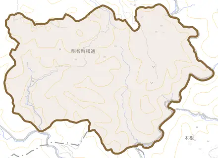 明智町横通とその周辺の地図。町の範囲を重ねている