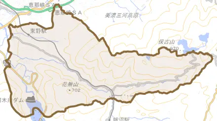 東野とその周辺の地図。町の範囲を重ねている