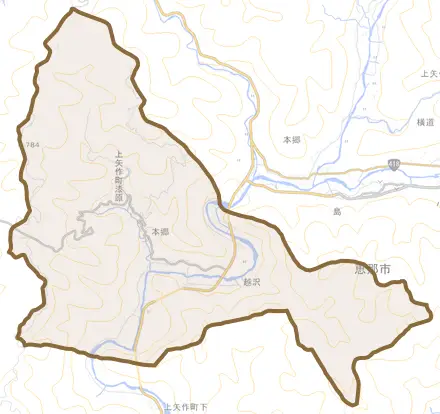 上矢作町漆原とその周辺の地図。町の範囲を重ねている