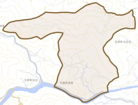 笠置町姫栗とその周辺の地図。町の範囲を重ねている