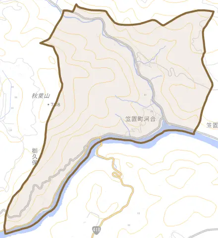 笠置町河合とその周辺の地図。町の範囲を重ねている