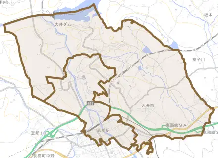 大井町とその周辺の地図。町の範囲を重ねている