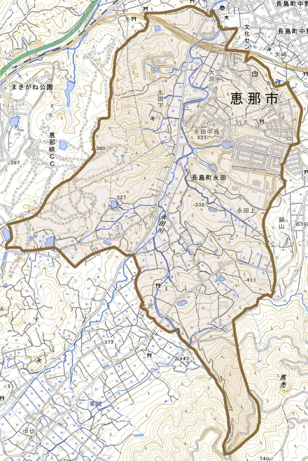 長島町永田とその周辺の地図。町の範囲を重ねている