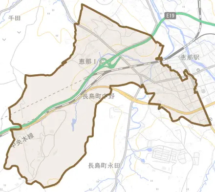 長島町中野とその周辺の地図。町の範囲を重ねている