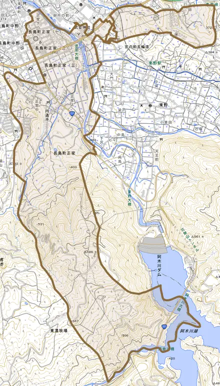 長島町正家とその周辺の地図。町の範囲を重ねている