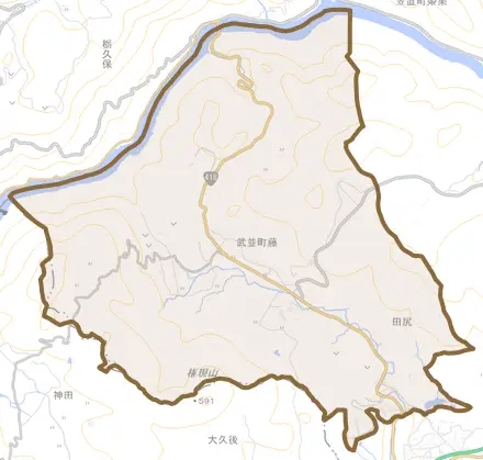 武並町藤とその周辺の地図。町の範囲を重ねている