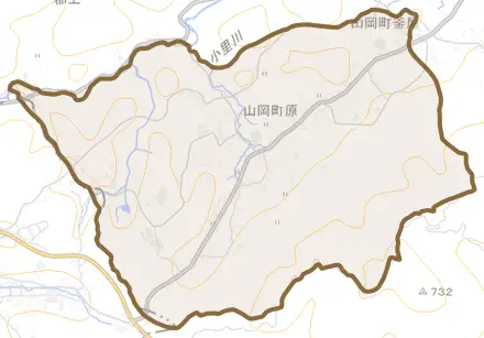 山岡町原とその周辺の地図。町の範囲を重ねている