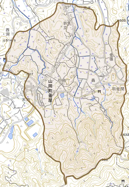 山岡町釜屋とその周辺の地図。町の範囲を重ねている