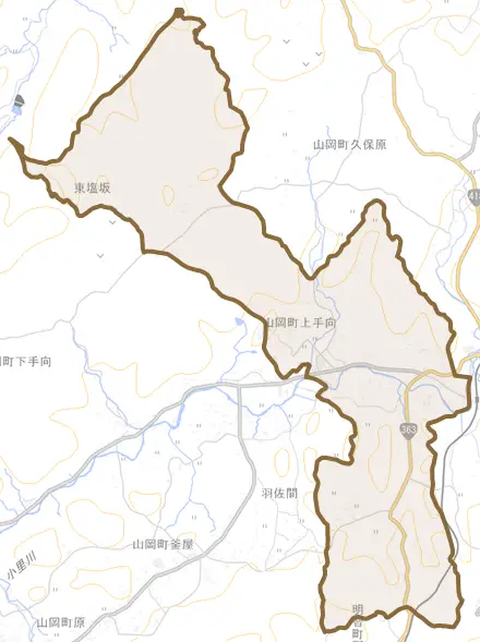 山岡町上手向とその周辺の地図。町の範囲を重ねている