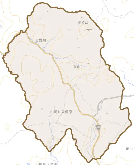 山岡町久保原とその周辺の地図。町の範囲を重ねている