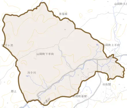 山岡町下手向とその周辺の地図。町の範囲を重ねている