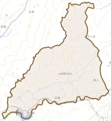 山岡町田代とその周辺の地図。町の範囲を重ねている