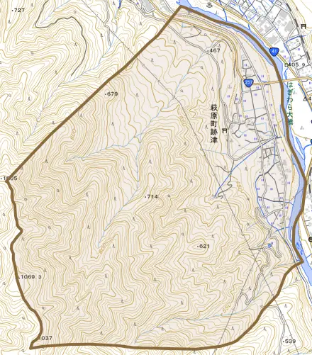 萩原町跡津とその周辺の地図。町の範囲を重ねている