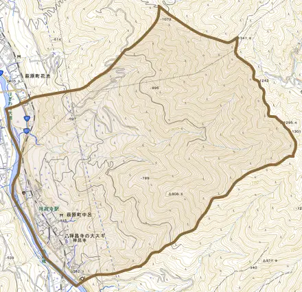 萩原町中呂とその周辺の地図。町の範囲を重ねている