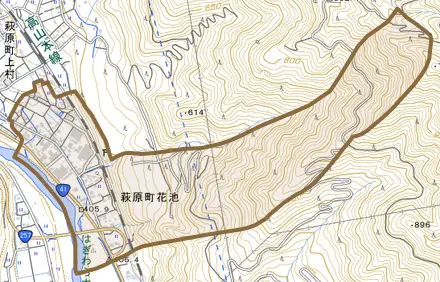 萩原町花池とその周辺の地図。町の範囲を重ねている