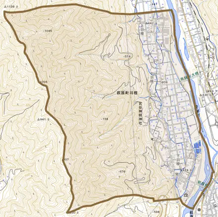 萩原町羽根とその周辺の地図。町の範囲を重ねている