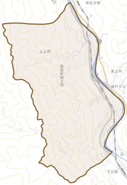 萩原町西上田とその周辺の地図。町の範囲を重ねている
