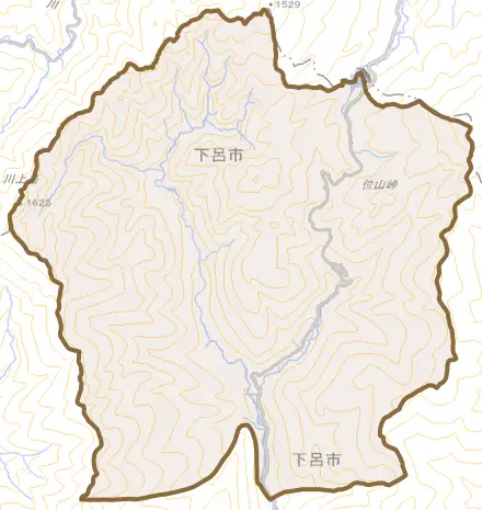萩原町山之口とその周辺の地図。町の範囲を重ねている