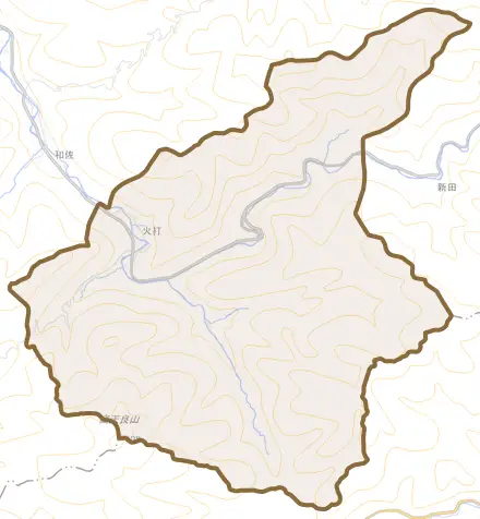 火打とその周辺の地図。町の範囲を重ねている