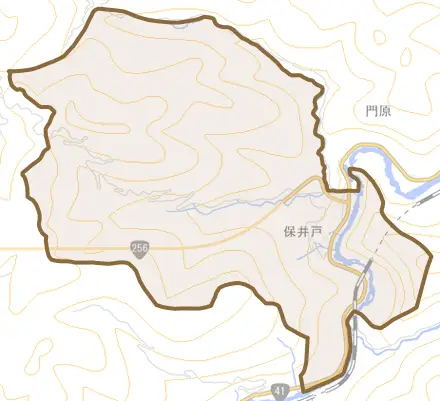 保井戸とその周辺の地図。町の範囲を重ねている