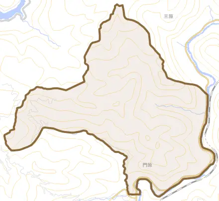 門原とその周辺の地図。町の範囲を重ねている
