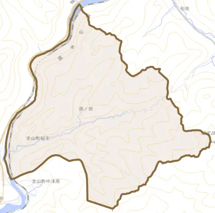 金山町福来とその周辺の地図。町の範囲を重ねている