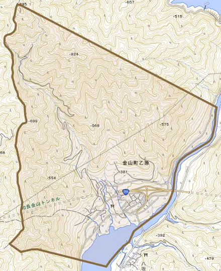 金山町乙原とその周辺の地図。町の範囲を重ねている