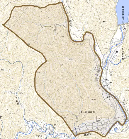 金山町祖師野とその周辺の地図。町の範囲を重ねている